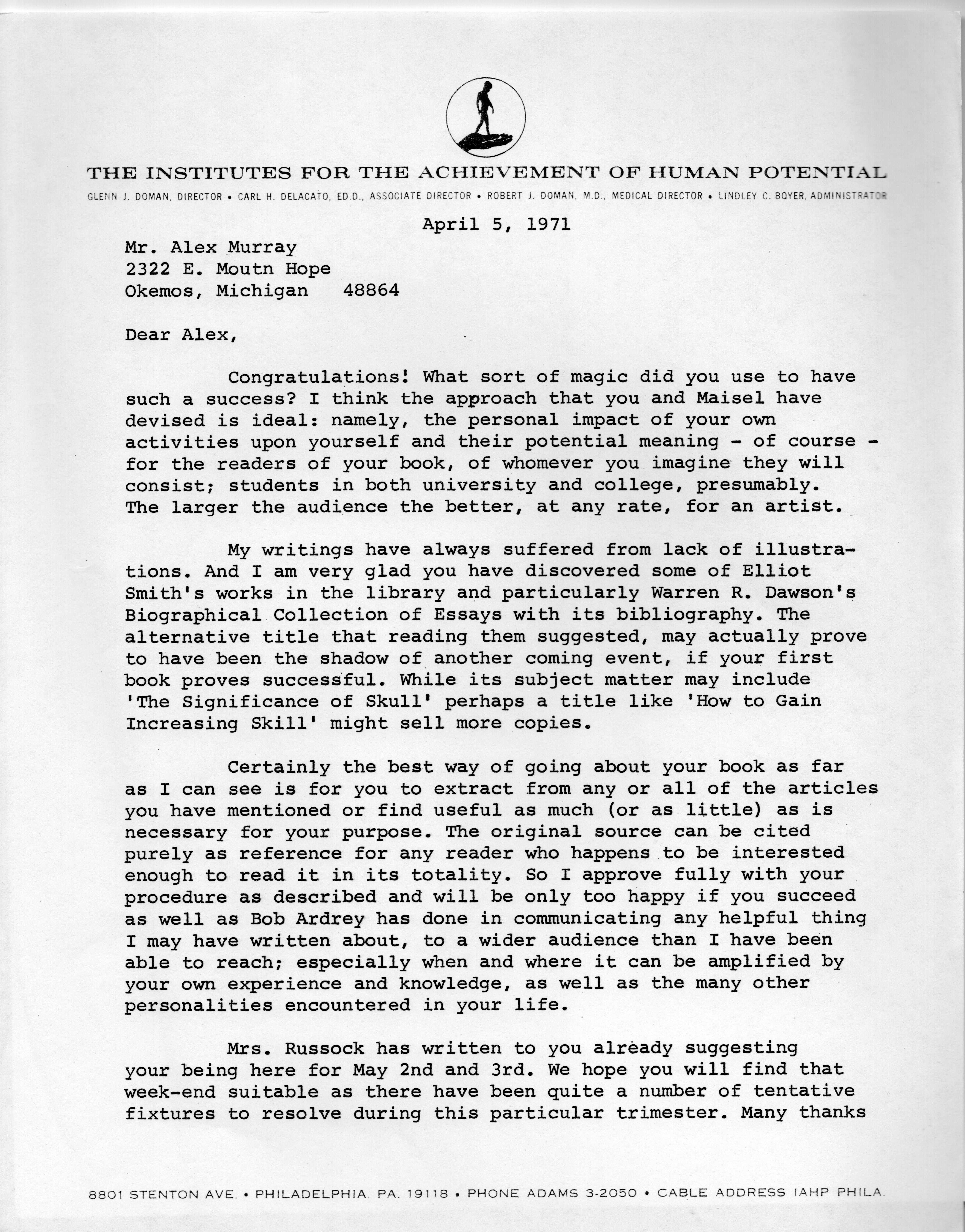 Page 1 of letter from Dart to Murray. April 5, 1971.
