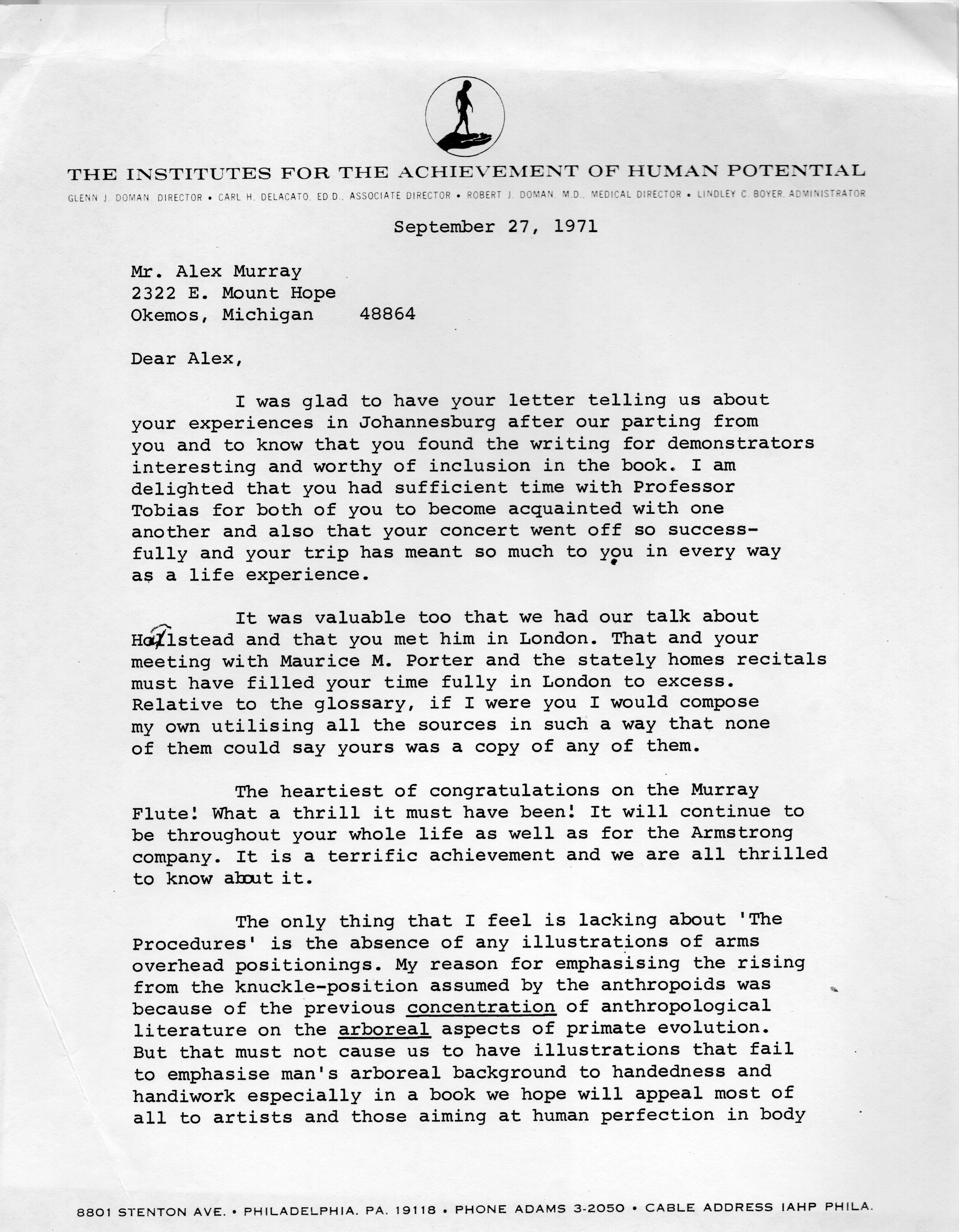 Page 1 of Dart letter to Murray. September 27 1971